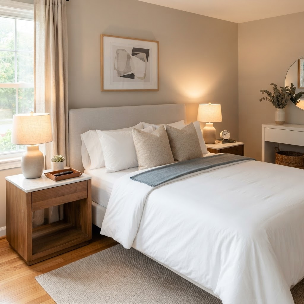 A neatly staged short-term rental bedroom with fresh linens and clean surfaces