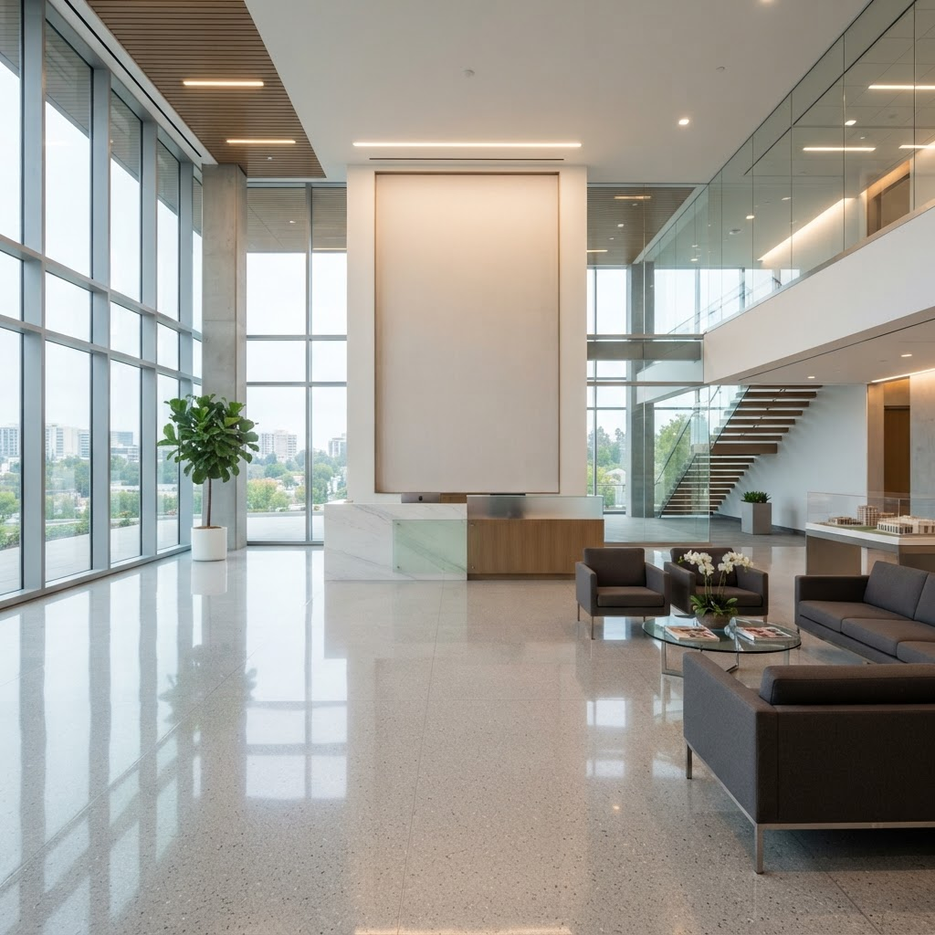 A clean, modern commercial lobby with polished floors and tidy seating