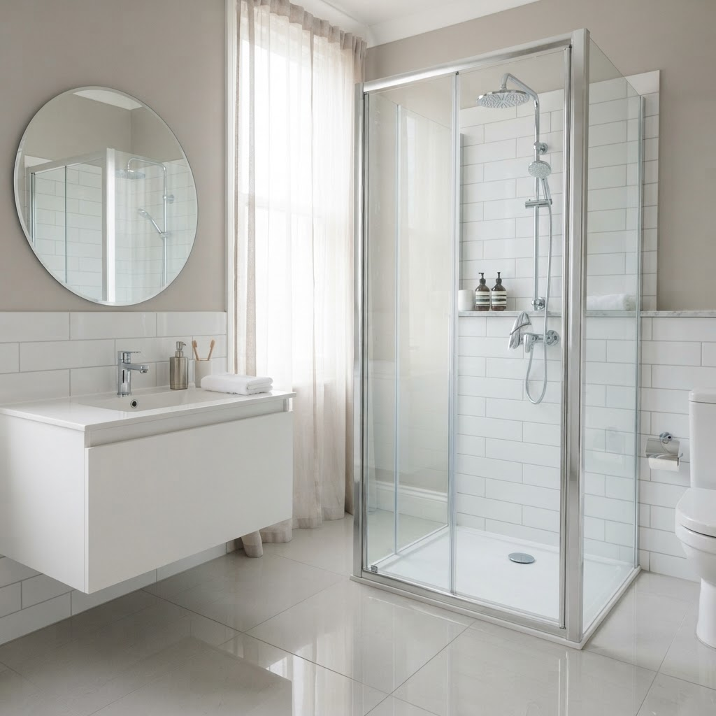 A spotless bathroom with clean tile, glass shower, and polished fixtures
