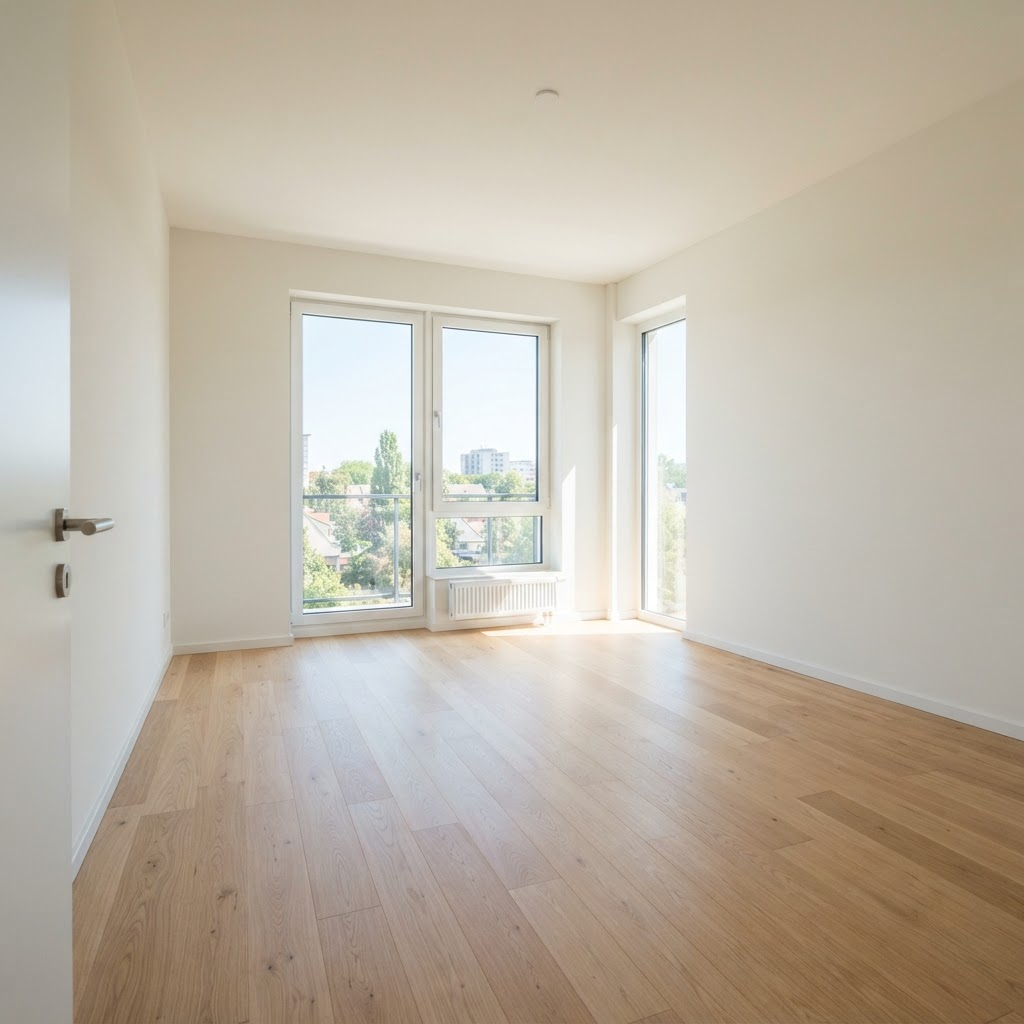 A clean, empty room with bright natural light and freshly cleaned floors