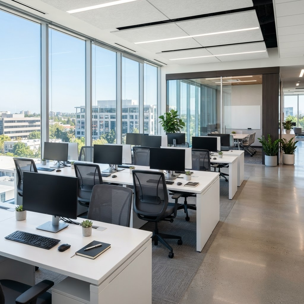 A clean, modern office with tidy desks and clear surfaces
