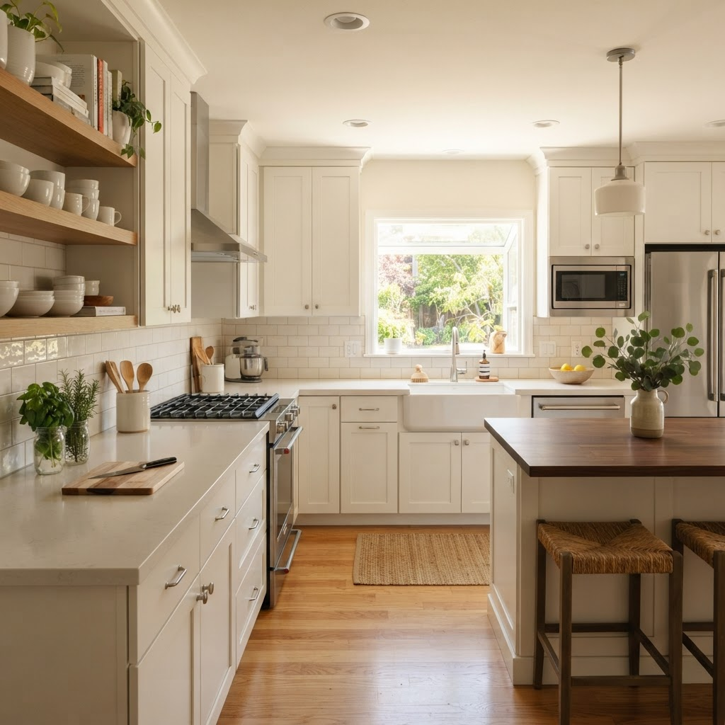 A tidy, maintained kitchen with clean counters and organized surfaces